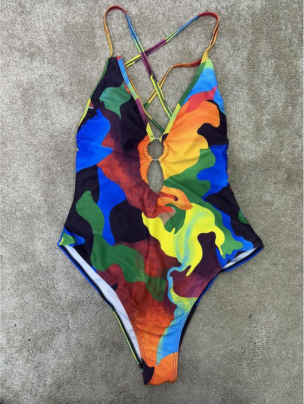 Women’s Sz L Strappy Backless 1 Piece Bathing Swimsuit Multicolor Rainbow